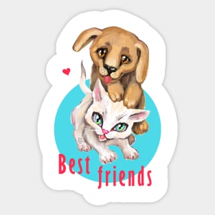 Cute small cat and dog. Sweet little baby pets. Kitten and puppy friends. Sticker